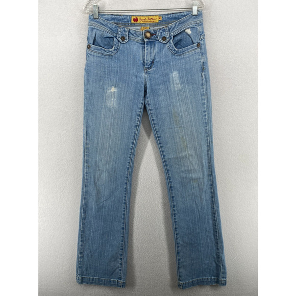 APPLE BOTTOMS Jeans 8 Distressed Straight Low Rise Stretch Denim Blue VTG HK - Picture 2 of 16